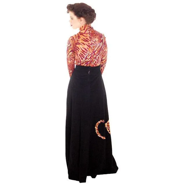Vintage Black Maxi Skirt w/ Large Leopard Applique 1970s  Periphery Waist 30-Hips 42