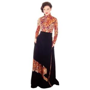 Vintage Black Maxi Skirt w/ Large Leopard Applique 1970s  Periphery Waist 30-Hips 42