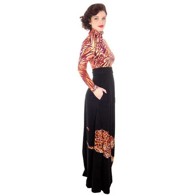 Vintage Black Maxi Skirt w/ Large Leopard Applique 1970s  Periphery Waist 30-Hips 42