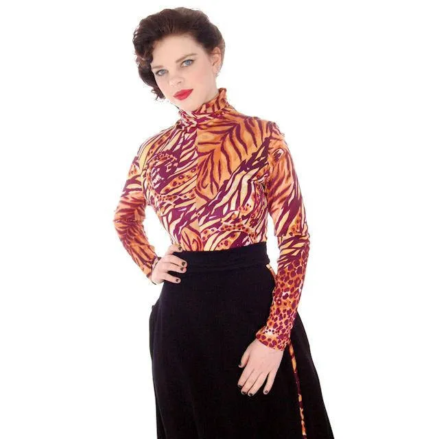 Vintage Black Maxi Skirt w/ Large Leopard Applique 1970s  Periphery Waist 30-Hips 42