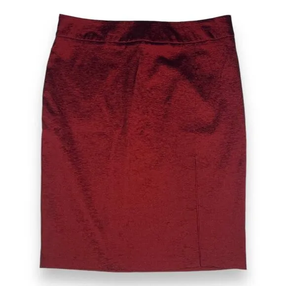 Vintage Caché Cranberry Metallic Sheen 9&quot; Slit Pencil Skirt Stretch Size 4