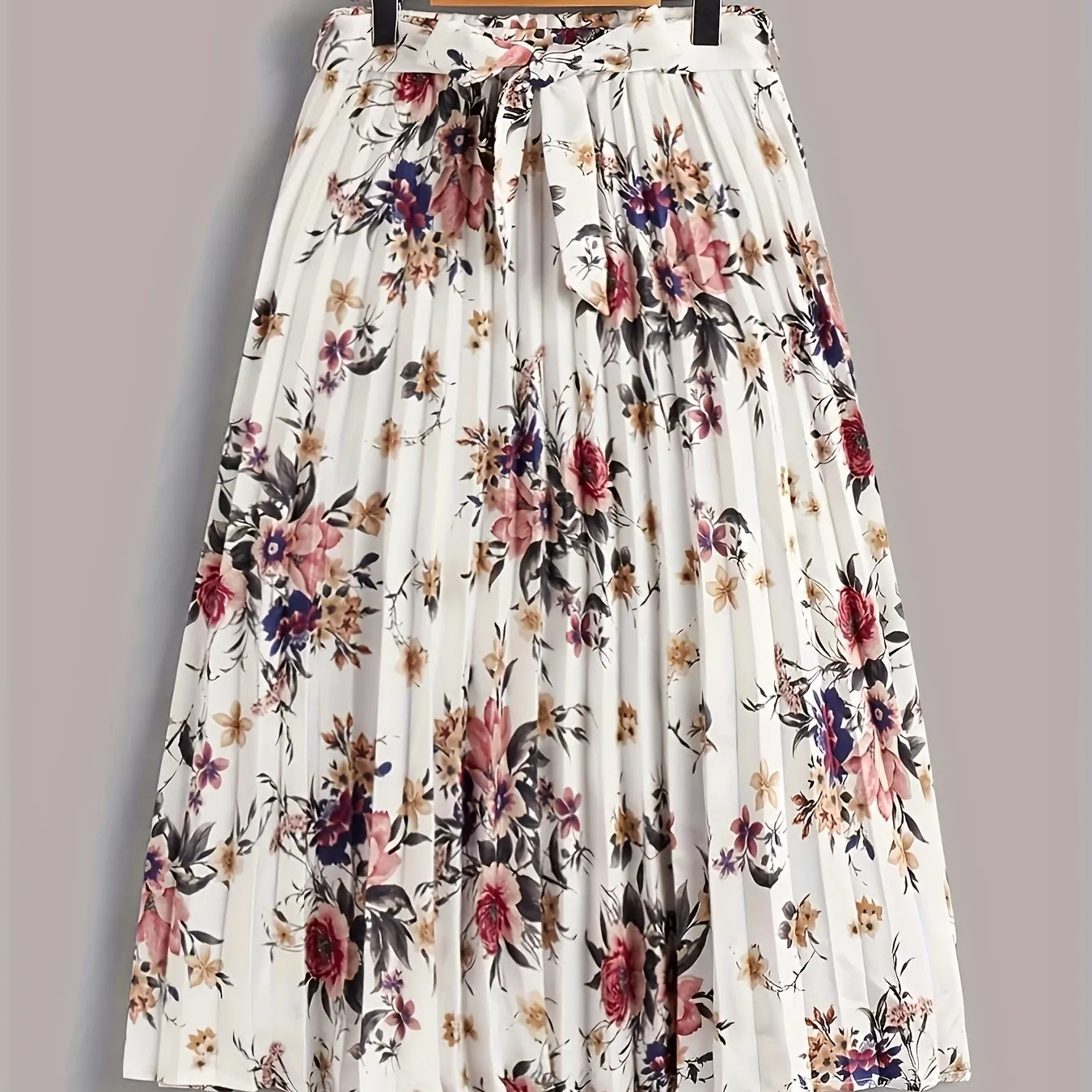 Vintage Floral Print Skirts, Elegant Pleated Tie Waist Daily Skirts, Women's Clothing