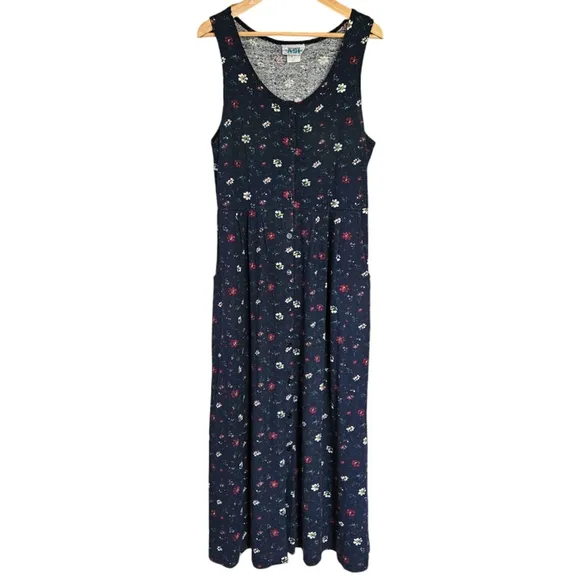 Vintage floral sleeveless cotton knit button front maxi dress