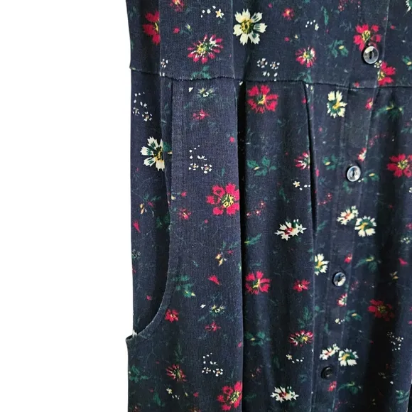 Vintage floral sleeveless cotton knit button front maxi dress