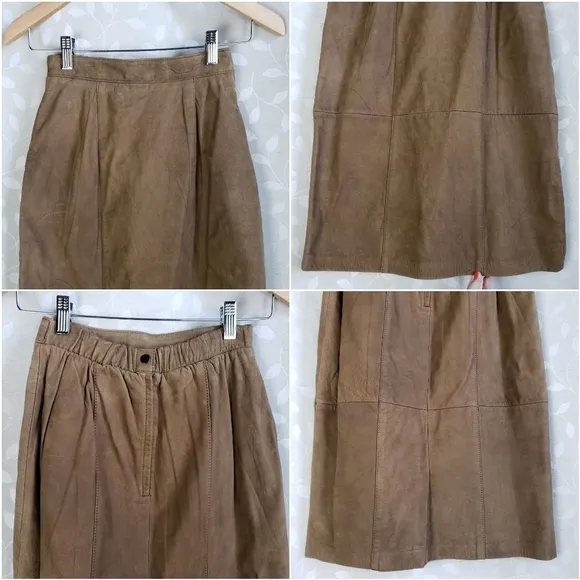 Vintage Genuine Leather High Rise Pencil Skirt Jacqueline Ferrar Brown Small