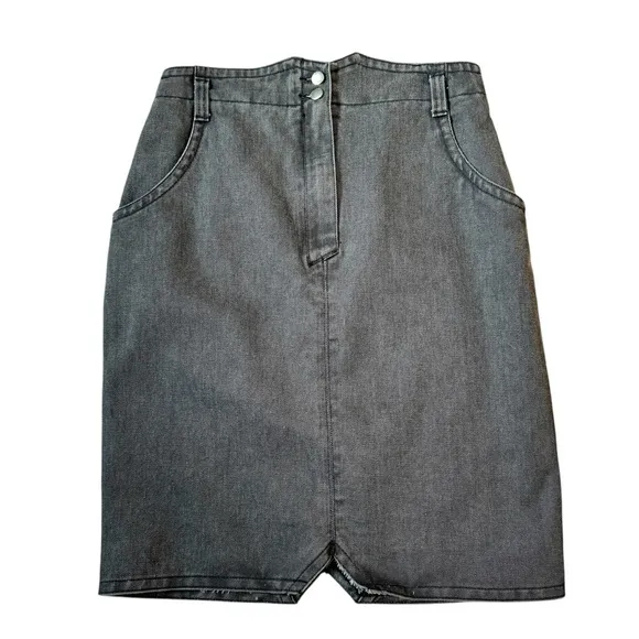 VINTAGE high waisted denim SKIRT 80s Madeleine plus size faded black gray 16 Vtg