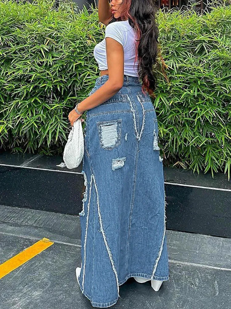 Vintage High-Waisted Distressed Denim Skirts
