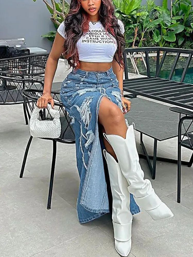 Vintage High-Waisted Distressed Denim Skirts