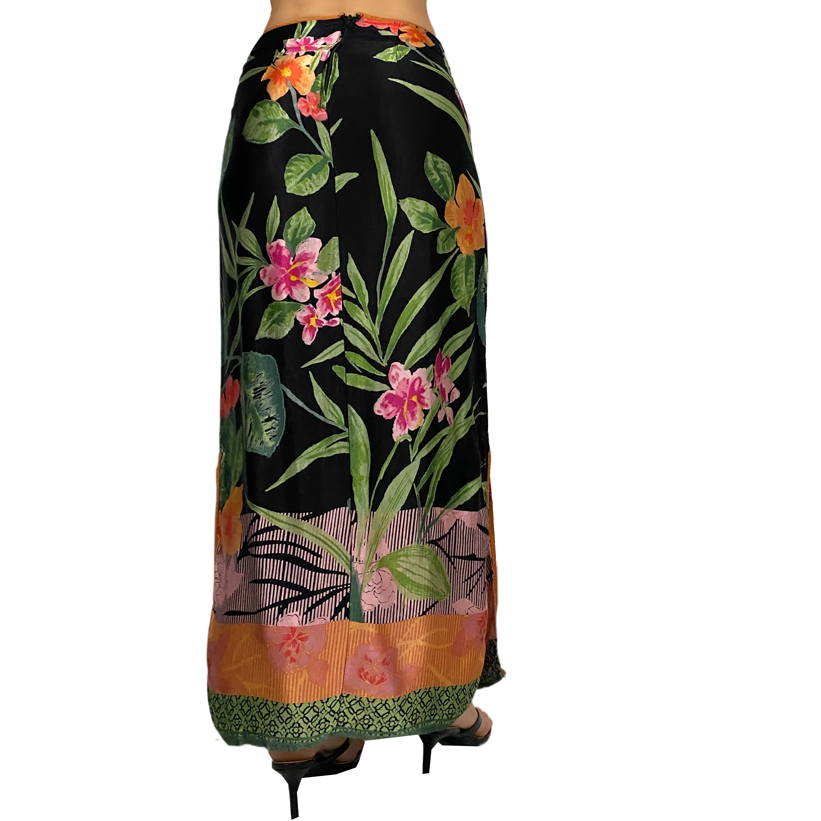 Vintage Satin Tropical Maxi Skirt (XS)