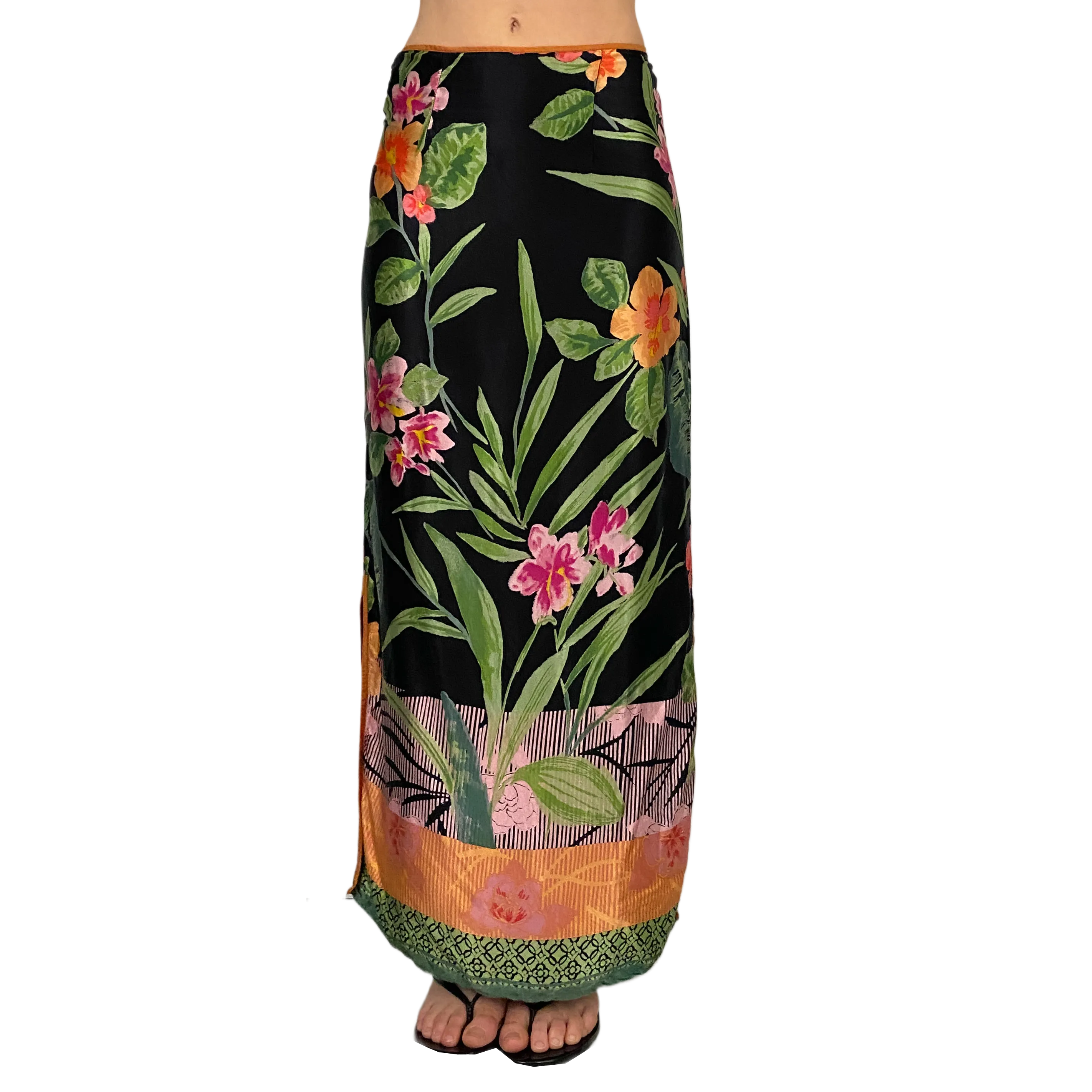 Vintage Satin Tropical Maxi Skirt (XS)