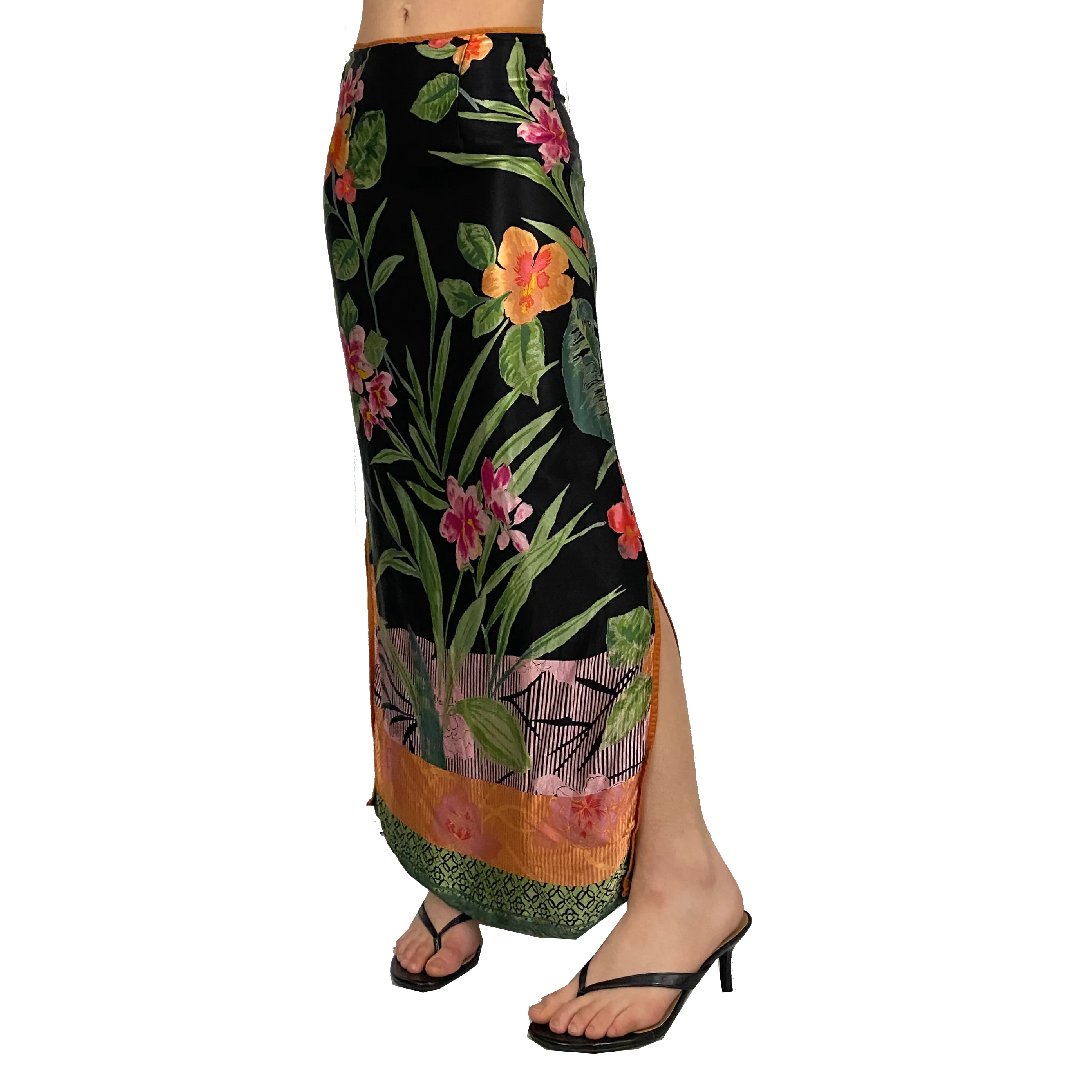 Vintage Satin Tropical Maxi Skirt (XS)