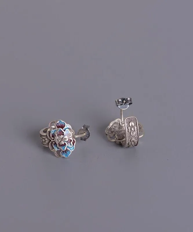 Vintage Silk Sterling Silver Cloisonne Peony Flower Stud Earrings