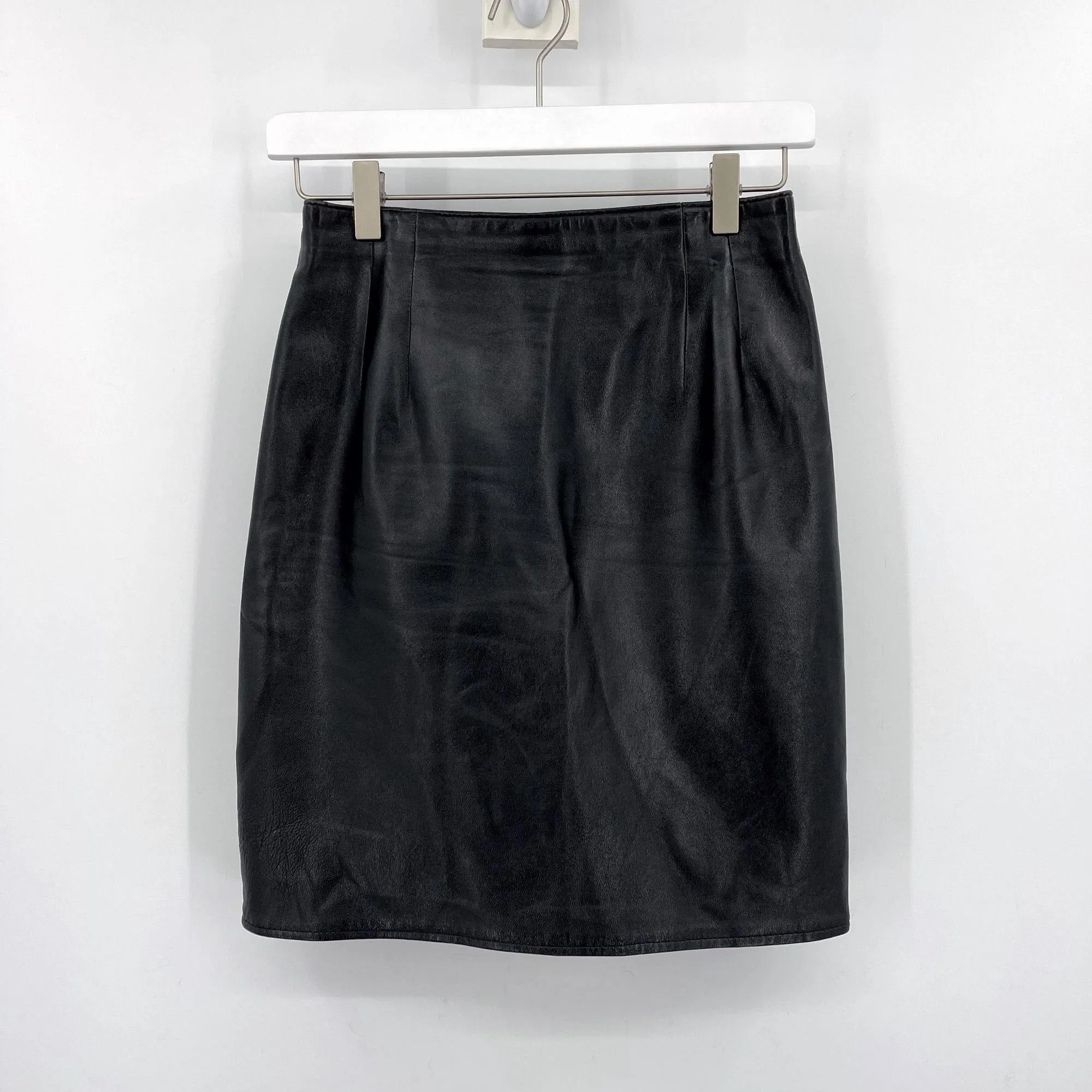 Vintage Vakko Black Leather Short Pencil Skirt