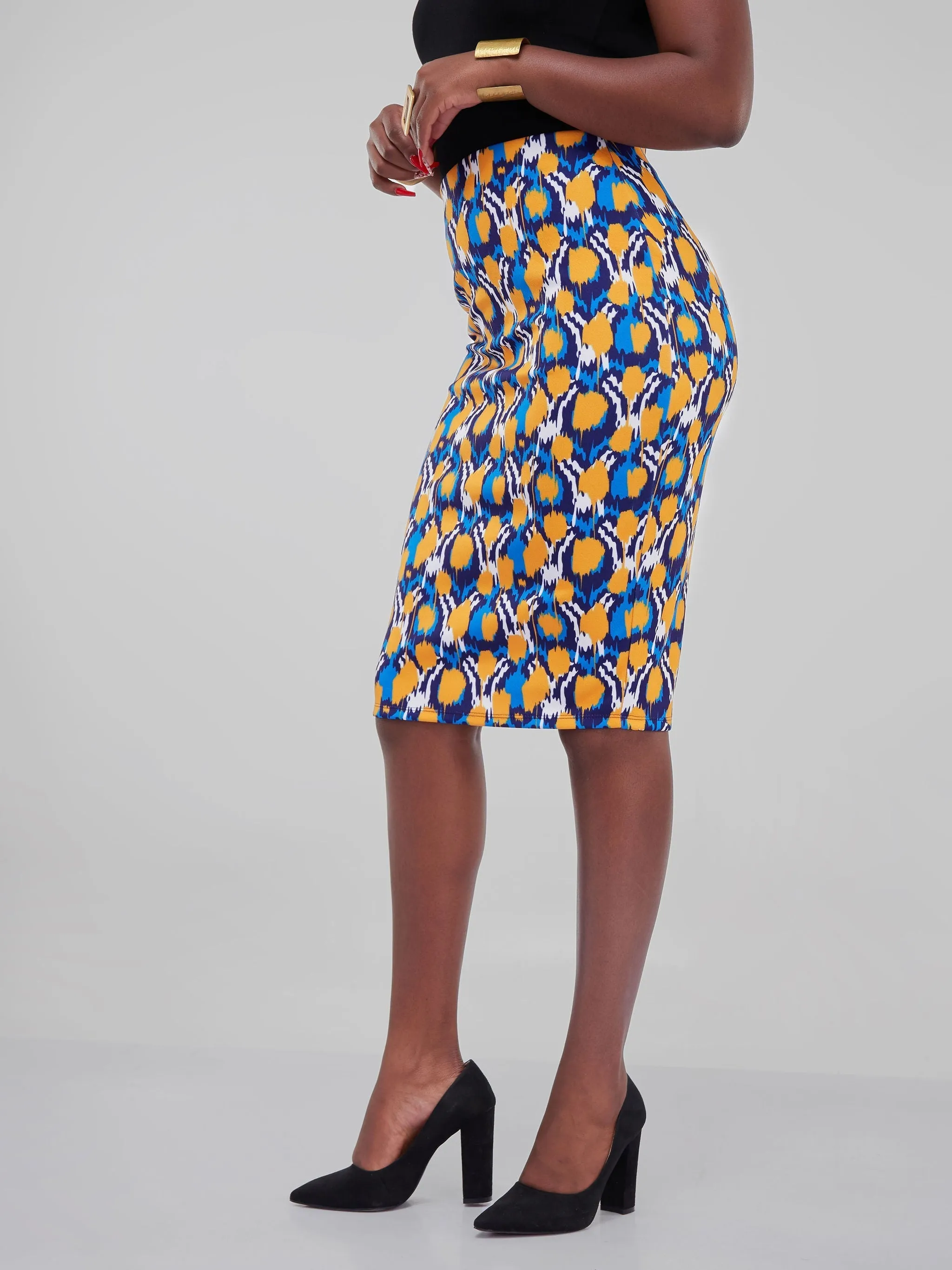 Vivo Hema Pencil Skirt - Blue / Yellow Print