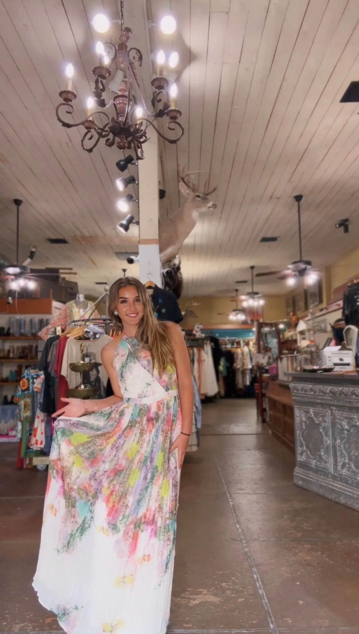Watercolor Maxi Halter Dress Pleated