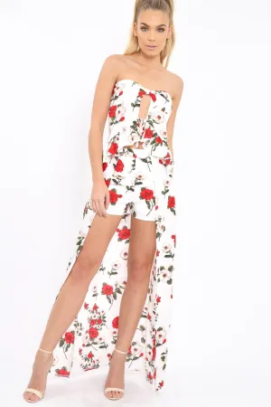 White Floral Print Split Maxi Skirt With Shorts - Kandi