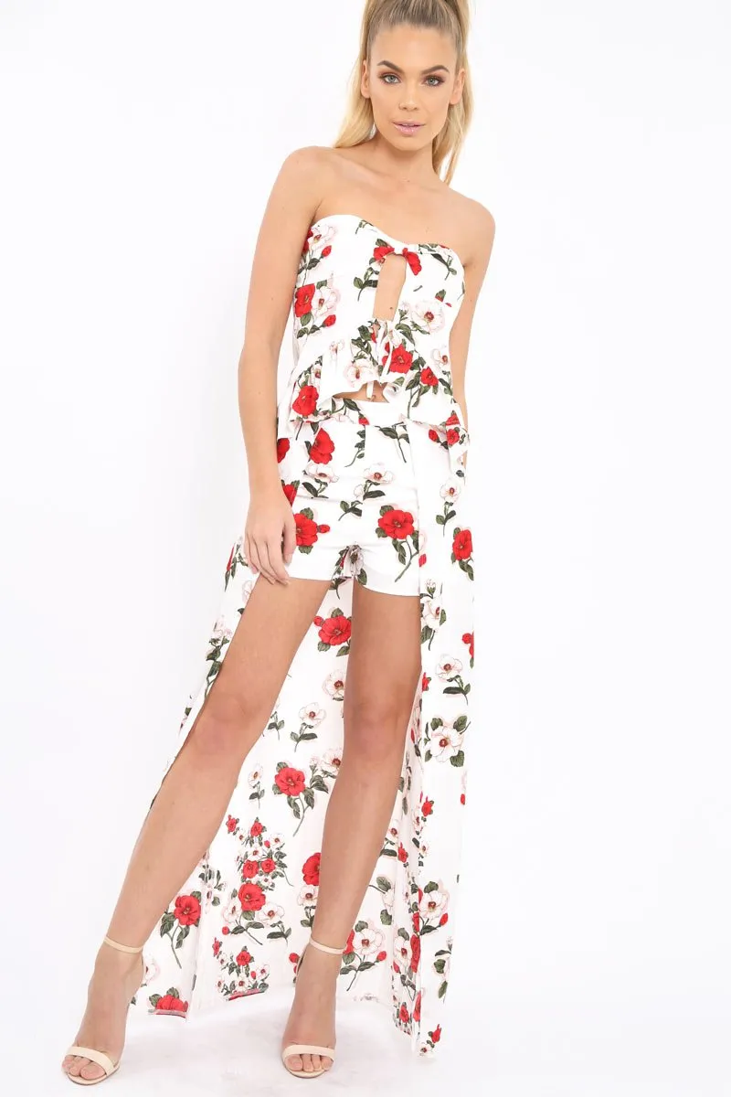 White Floral Print Split Maxi Skirt With Shorts - Kandi