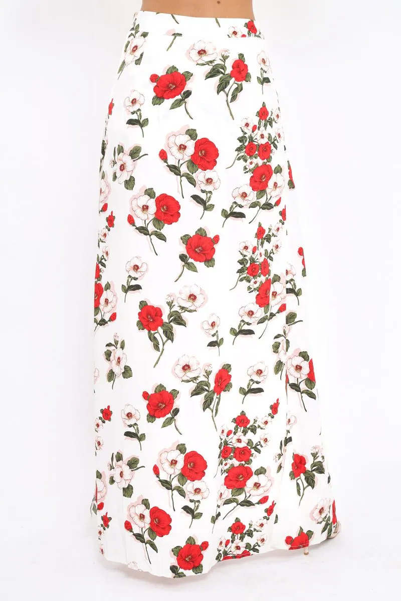 White Floral Print Split Maxi Skirt With Shorts - Kandi