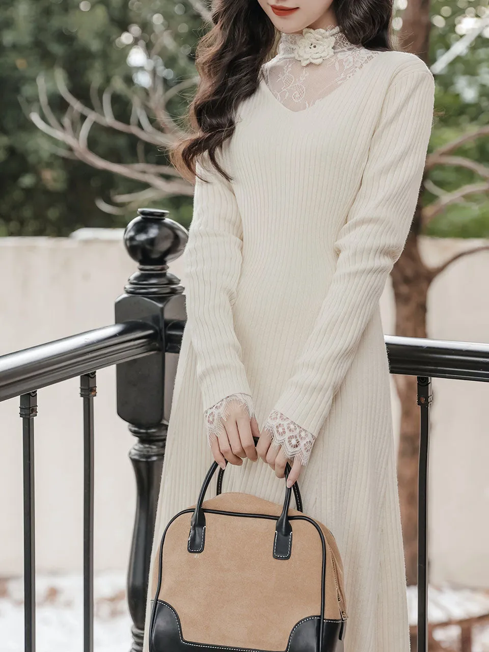 White Lace Top and V Neck  Knit Sweater Dress 1950S Vintage Dress Suits