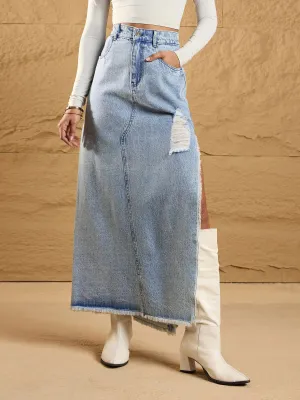 Women Ice Blue Distressed Side Slit Maxi Skirt-SFSKRT30455