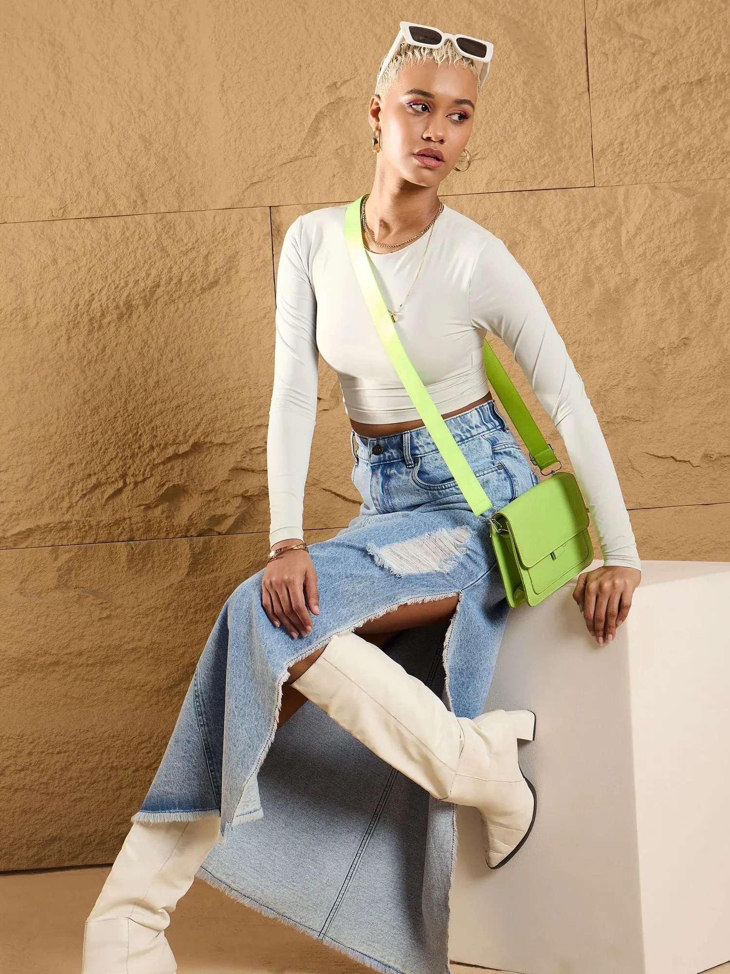 Women Ice Blue Distressed Side Slit Maxi Skirt-SFSKRT30455