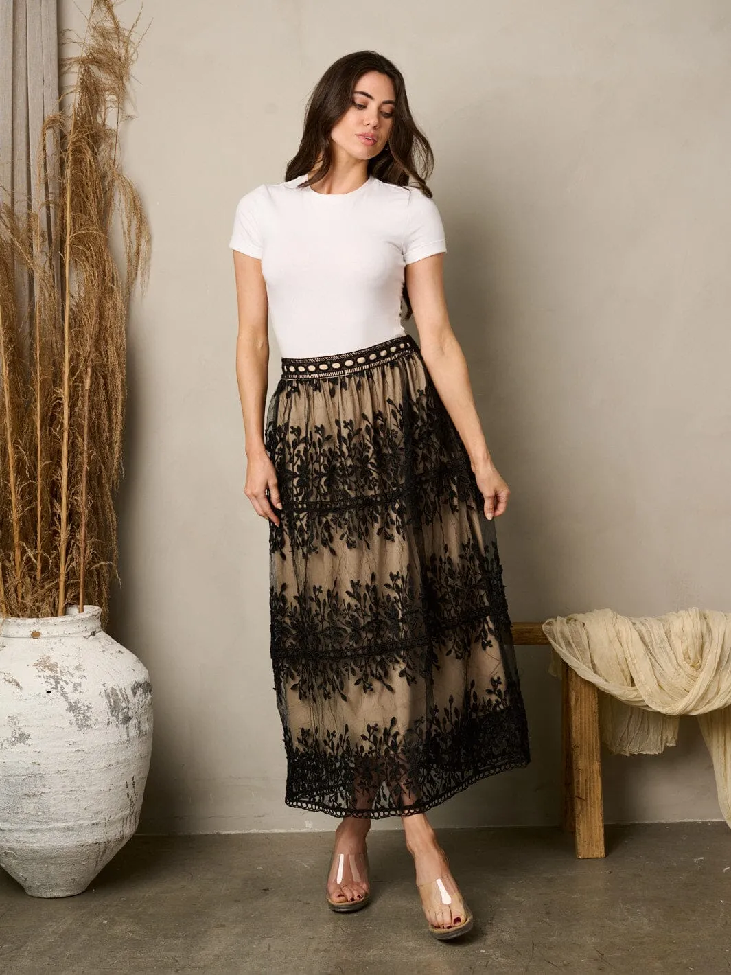 WOMEN'S ALL OVER LACE FLORAL MAXI SKIRT