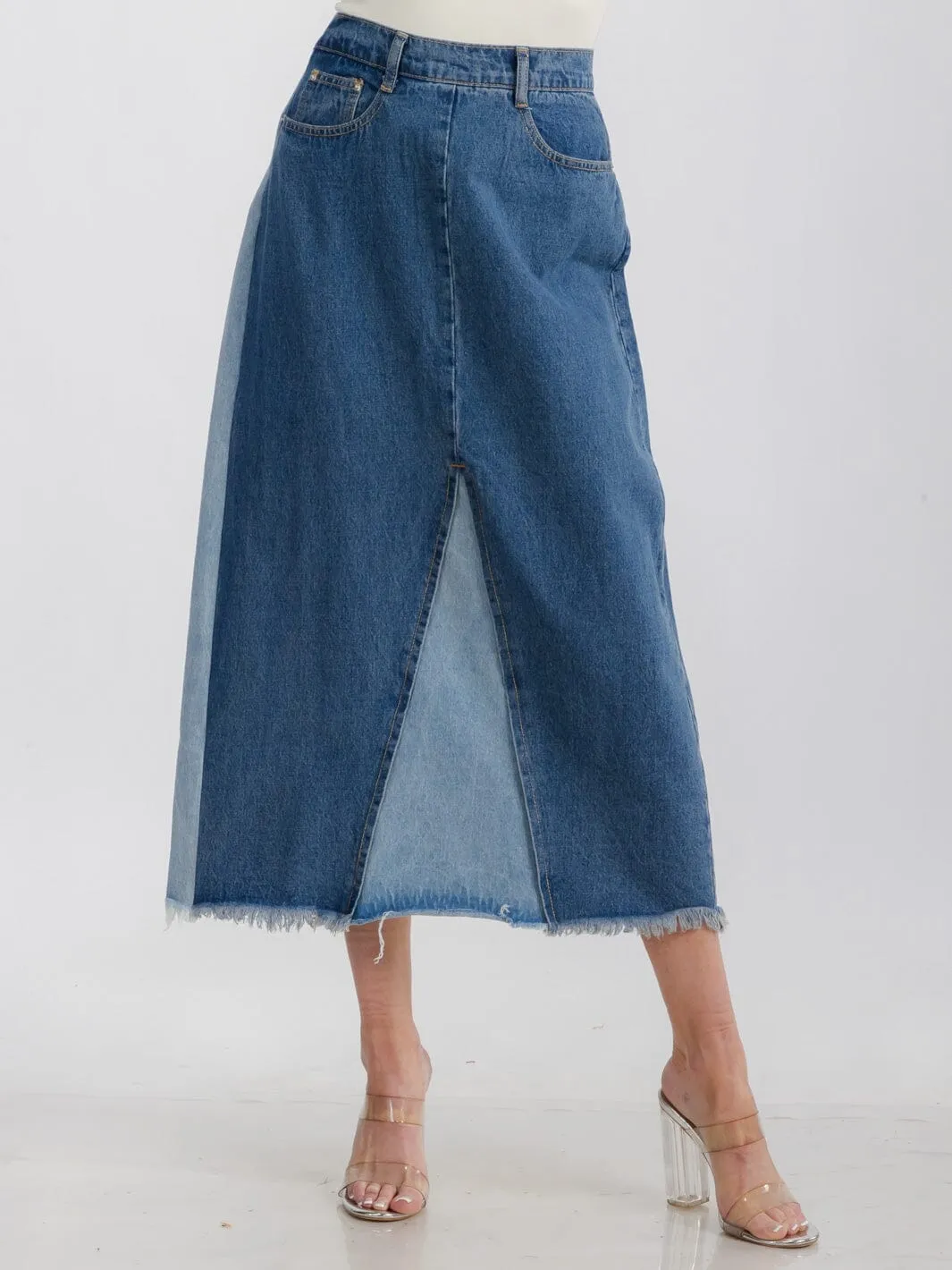 WOMEN'S BUTTON CLOSURE POCKETS 2-TONE DENIM MAXI SKIRT