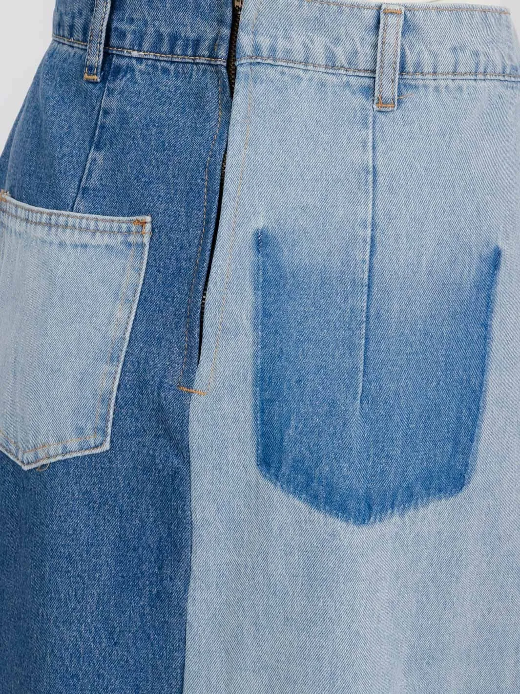 WOMEN'S BUTTON CLOSURE POCKETS 2-TONE DENIM MAXI SKIRT
