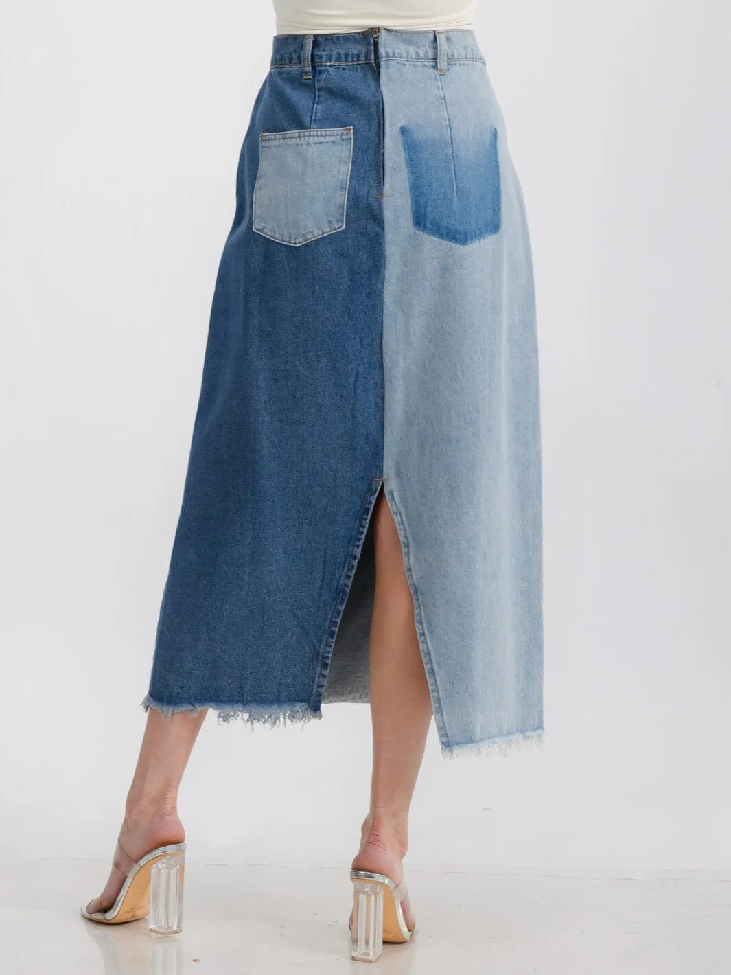 WOMEN'S BUTTON CLOSURE POCKETS 2-TONE DENIM MAXI SKIRT