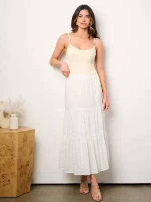 WOMEN'S ELASTIC WAIST EYELET FLORAL TIERED MAXI SKIRT