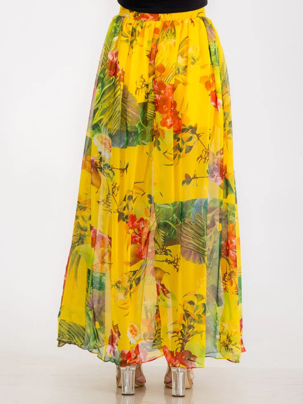 WOMEN'S ELASTIC WAIST FRONT SLIT FLORAL MAXI SKIRT