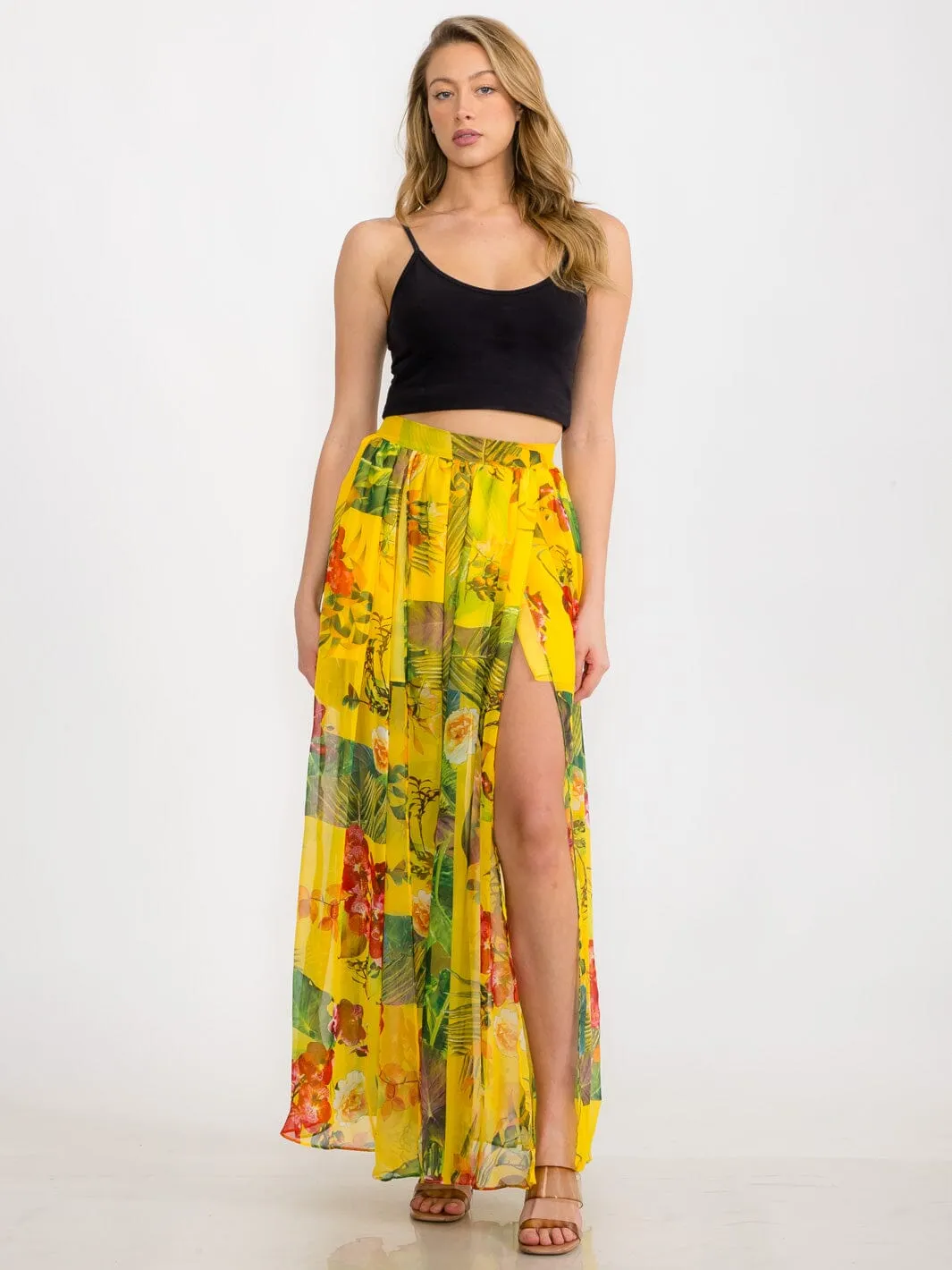 WOMEN'S ELASTIC WAIST FRONT SLIT FLORAL MAXI SKIRT