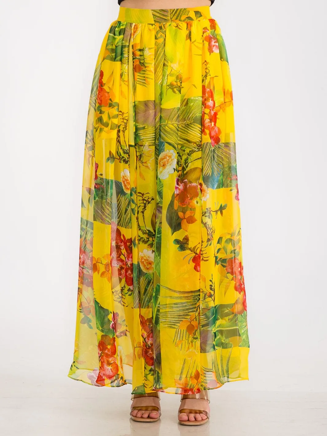 WOMEN'S ELASTIC WAIST FRONT SLIT FLORAL MAXI SKIRT