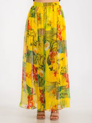WOMEN'S ELASTIC WAIST FRONT SLIT FLORAL MAXI SKIRT