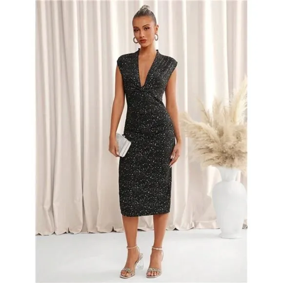 Women's Elegant V-Neck Twist Front Ruched Waist Glittery Sleeveless Black Dress