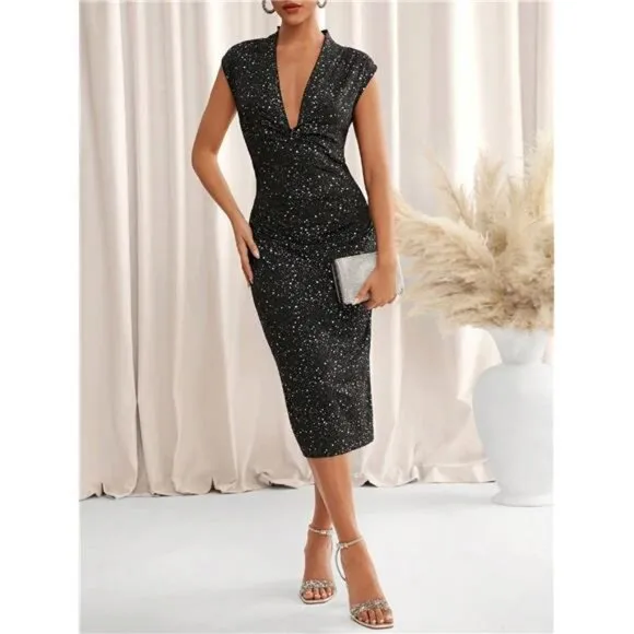 Women's Elegant V-Neck Twist Front Ruched Waist Glittery Sleeveless Black Dress