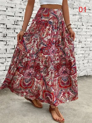 Women's Flowy Bohemian Floral Print Chiffon Long Skirt
