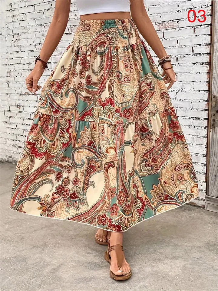 Women's Flowy Bohemian Floral Print Chiffon Long Skirt