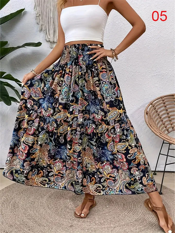 Women's Flowy Bohemian Floral Print Chiffon Long Skirt