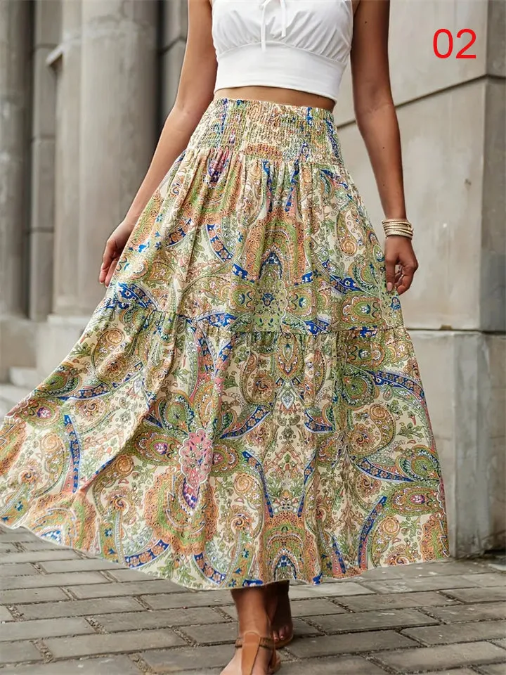 Women's Flowy Bohemian Floral Print Chiffon Long Skirt