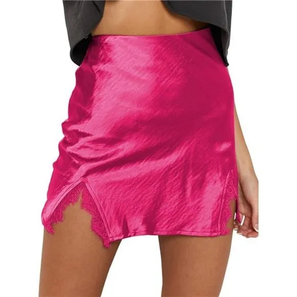 Women's Satin Lace Trim Split Slit Hem Zipper High Wasit Mini Short Skirt Rose