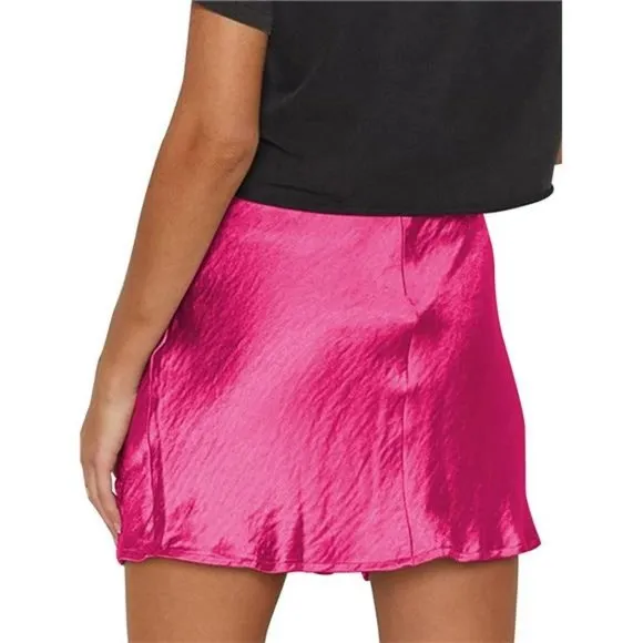 Women's Satin Lace Trim Split Slit Hem Zipper High Wasit Mini Short Skirt Rose