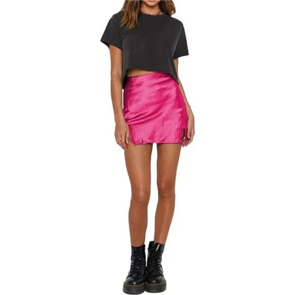 Women's Satin Lace Trim Split Slit Hem Zipper High Wasit Mini Short Skirt Rose