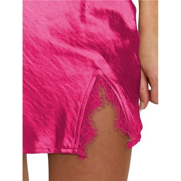 Women's Satin Lace Trim Split Slit Hem Zipper High Wasit Mini Short Skirt Rose