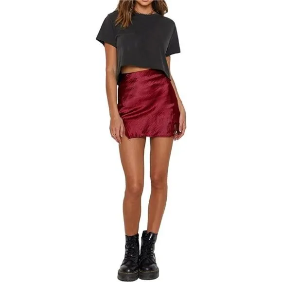 Women's Satin Lace Trim Split Slit Hem Zipper High Wasit Mini Short Skirt