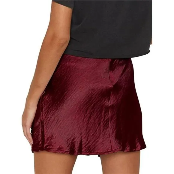 Women's Satin Lace Trim Split Slit Hem Zipper High Wasit Mini Short Skirt