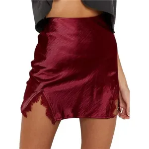 Women's Satin Lace Trim Split Slit Hem Zipper High Wasit Mini Short Skirt