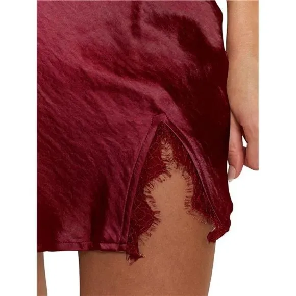 Women's Satin Lace Trim Split Slit Hem Zipper High Wasit Mini Short Skirt