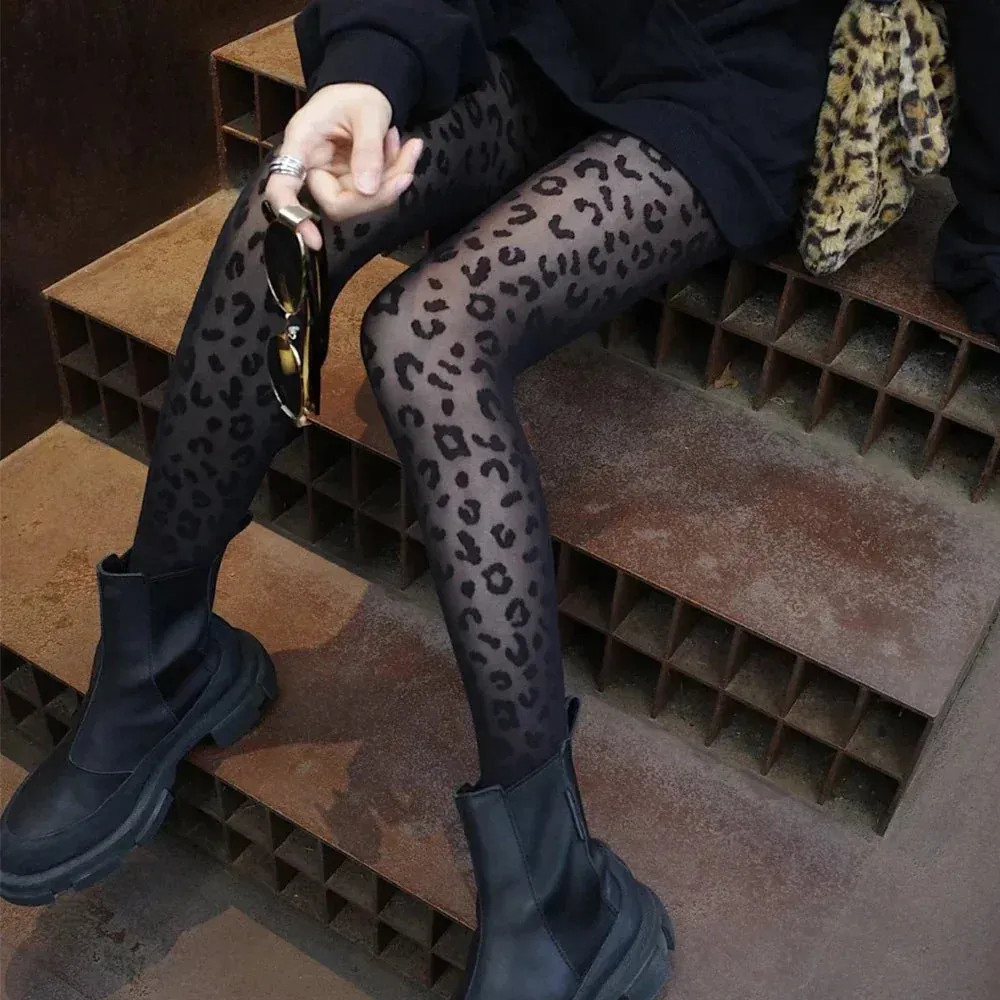 Women’s Sexy Thin Transparent Leopard Print Sheer Tights | Gothic Vintage Seamless Pantyhose