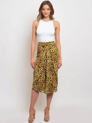 WOMEN'S TIE FRONT LEOPARD PRINT MIDI SKIRT